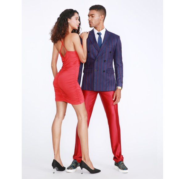 Mens Streak Pinstriped 2pc Double Breasted Suit, Blue w/ Red and White Stripes - Picture 5 of 9